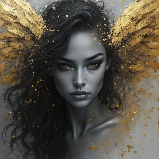 perfect and detailed realistic image of a rebel black angel, gray skin, black and white and gold effect, loving look, full figure of the woman, hd, half black and white and half color of a painting made with gold and silver blurred brush strokes, artistic style effect and mystical effects around her. Acrylic style background