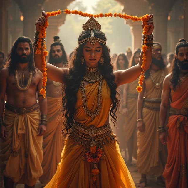 Draupadi gracefully holding a wedding garland ( varmala) in her swayamvar as powerful kings look on with awe and jealousy.
Subject: Each moment represents pivotal points in the Mahabharata story.
Scene: Highlight the grandeur and emotion of each scene with warm lighting and dramatic shadows.