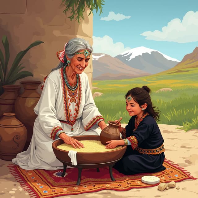 Design an ultra realistic vector art illustration of a slightly smiling traditional Amazigh grandmother and her ten years old smiling granddaughter sitting on the ground, making couscous together. The grandmother, wearing white Amazigh clothing with red and orange and green and blue details and many traditional Amazigh jewelry on her face and hands and neck and on her forehead and with not covered grey hair, is actively preparing couscous with her hands in a single very big flat and ancient simplified flat wooden container with amazigh details all around the container on a round brown traditional wooden table with four short legs and a white big napkin on it falling from the sides of the table and a big amazigh traditional colorful rectangular carpet. Beside her, very close to her, her dark brown hair granddaughter dressed in a traditional amazigh black clothes with intricate golden details and light Amazigh jewelry on her face and her hand is holding a traditional mudd jar of water with traditional amazigh details all around the jar, is helping in a playful yet respectful manner. The couscous in the container is depicted in vivid detail, highlighting its texture and richness, but with minimal additional elements around it.
The background features a warm interior traditional amazigh house. Incorporate subtle Amazigh cultural elements, such as traditional amazigh carpets and big and small pottery, within the scene, instead of a wall in the background, show a green grass landscape with mountains and a bit of snow on the mounts with a blue shinny sky and some clouds. The color palette should include vibrant red, yellow, and blue tones and details, complementing bright earthy tones to create a balanced and inviting composition with sunshine. The design should focus equally on the figures, the table, and the food, conveying a mood of warmth, tradition, and familial joy, blending playful  and joyful interactions between the grandmother and granddaughter.