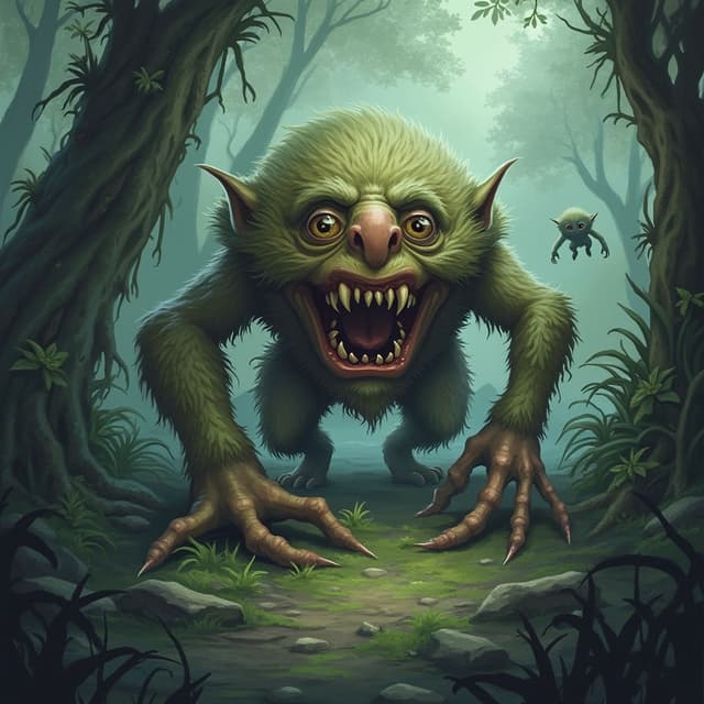 The image is a digital illustration of a creature in a forest. The creature appears to be a troll or a monster, with a large, round head and sharp teeth. Its eyes are wide open and its mouth is slightly open, revealing sharp teeth and sharp fangs. Its body is covered in fur and its arms and legs are stretched out in front of it. In the background, there are trees and foliage, and another creature can be seen in the distance. The overall mood of the image is eerie and menacing.