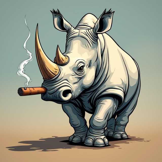 White rhino smoking a cigar,comic, highest quality, 8k, cartoon, anime style.
