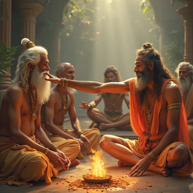 (Visual: Hanuman interrupts the meditations of great Rishis, playfully tugging at their beards and disturbing their Yagnas.)