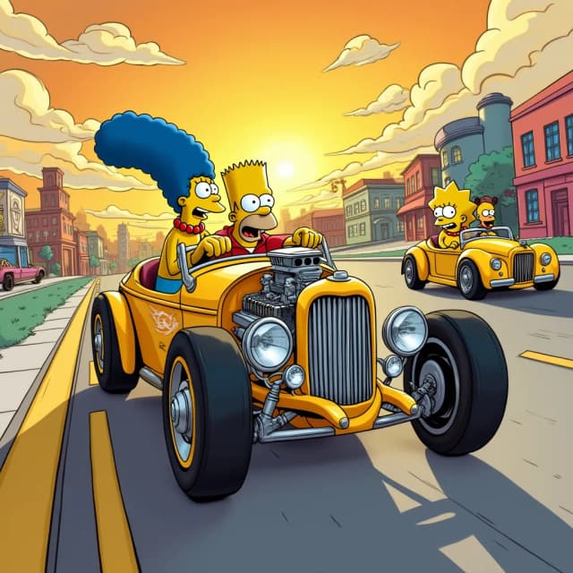 Vibrant Hot Wheels scene featuring animated characters from The Simpsons racing custom cars. Bright yellow and pastel colors dominate, set against a cartoonish cityscape with playful clouds and a sunset glow, in a comic book style.
