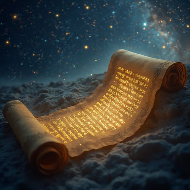 Shot Type: Wide-angle shot transitioning to a close-up.
Position & Subject: A cosmic view with millions of stars spread across the night sky. In the foreground, a mystical glow highlights the slow unfurling of an ancient, golden scroll. Sanskrit inscriptions appear glowing on the scroll in radiant golden hues.
Theme: A timeless, celestial theme with deep blues and silvers for the sky and soft golden accents for the scroll. The background should fade into the endless dark void of space.
Lighting: Soft, mystical lighting with radiant starbursts emphasizing the divine and eternal nature of creation.
Details: The constellations should resemble faint, battle-like formations foreshadowing the Mahabharata’s epic scope.