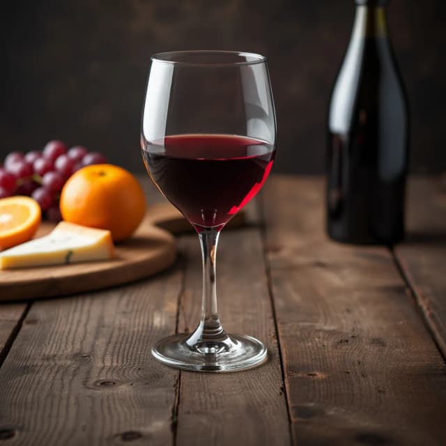 The image shows a glass of red wine on a wooden table. The glass is filled with a deep red liquid and is placed in the center of the table. On the left side of the glass, there is a wooden cutting board with a piece of cheese, a bunch of grapes, and an orange. The background is blurred, but it appears to be a rustic wooden table with a dark and moody atmosphere. The overall mood of the image is cozy and inviting.