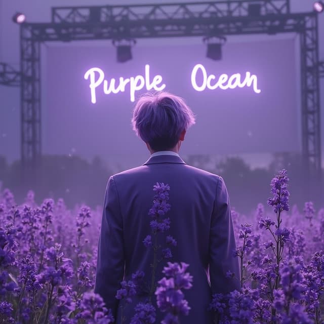 Purple ocean kings bts
Giving their back to the screen. Purple pic, authestic purple, purple ocean kings written on it 
Wild flower band written on it