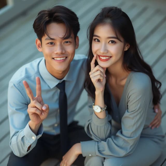 Raw photography 4D, extremely detailed and realistic, A close-up, slightly impressionistic portrait of a young man and beautiful woman. The Asian handsome man, with dark hair and a light blue button-down shirt and dark tie, is on the left, and appears to be making a peace sign with his left hand. He has a pleasant expression. The woman, with dark hair and a light gray/blue long-sleeved top and pants, is seated next to him. She has a delicate expression and is resting her right hand on her chin, while wearing a watch. Both are looking at the camera. The setting appears to be outdoors, on a lightly shaded wooden deck or patio. Soft, diffused daylight illuminates the scene, creating a warm, slightly pastel aesthetic. The background is out-of-focus, slightly blurred, and a pastel blue-grey. The image has a gentle, romantic feel. The focus is on the subjects' faces and the interaction between them.