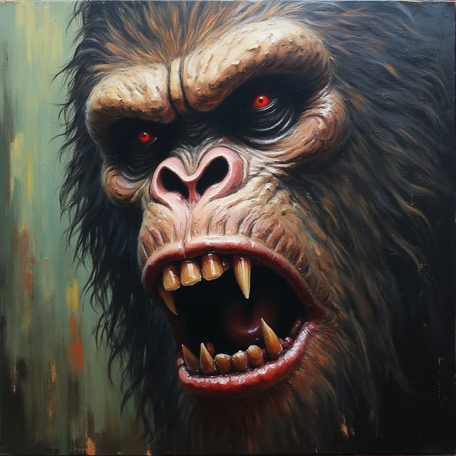Close up painting of a scary Bigfoot face.