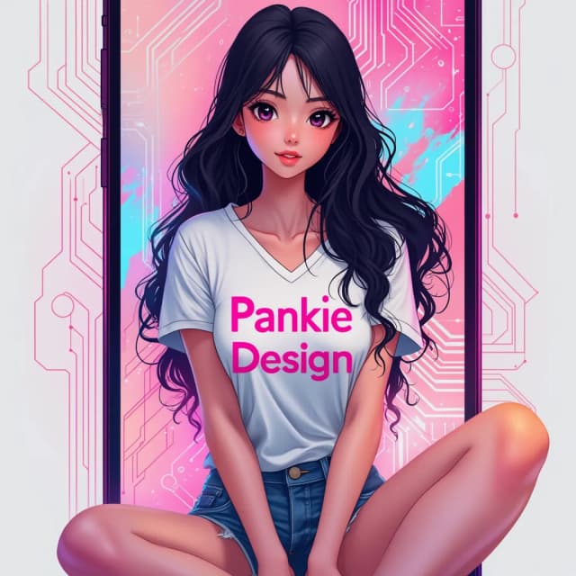 Different view of a woman with long, wavy black hair, wearing a white short-sleeved v-neck t-shirt featuring bold pink letters 'PankieDesign' and denim shorts. She sits confidently in front of an oversized smartphone screen that dominates the composition. The screen displays dynamic digital design elements, hinting at her role as a creative digital online media designer. The background is minimalistic with a vibrant gradient or subtle digital motifs (such as circuit patterns or abstract brush strokes) that emphasize a modern, tech-inspired aesthetic. The overall style is contemporary and clean, with bold typography and vivid accents that reflect creativity and energy. The focus is solely on her upper body, hands, and the smartphone, ensuring a crisp and engaging composition perfect for a fan page cover."
This prompt emphasizes a modern, dynamic look with clear visual cues to her creative profession while keeping the design simple enough to allow for easy background removal if needed. Anime realistic.
