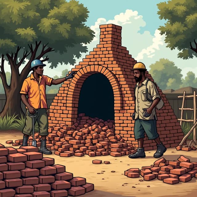 Illustrate a scene of burnt brick unloading or de-harking from a traditional brick kiln. The bricks should appear darkened or burnt, having just completed the firing process. Workers (african, equipped with basic tools such as gloves,helment, coat, gun boot  and metal hooks removing bricks, should be in the process of unloading the still-hot bricks from the kiln. The bricks are being carefully removed from the kiln's base, and some are stacked in neat piles nearby. The scene should also include the remnants of burnt wood or fuel used for firing, scattered around the base of the kiln. Surround the setting with a rural landscape, with trees and simple tools visible, creating an atmosphere of manual labor in a traditional brick-making process