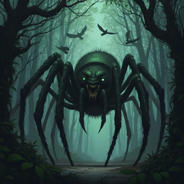 The image is a digital illustration of a large spider in a dark forest. The spider is in the center of the image, with its body facing towards the right side of the frame. It has a large head with sharp teeth and green eyes, and its legs are stretched out in front of it. The background is filled with tall trees with twisted branches and leaves, and there are a few birds flying around the spider. The overall mood of the illustration is eerie and mysterious.