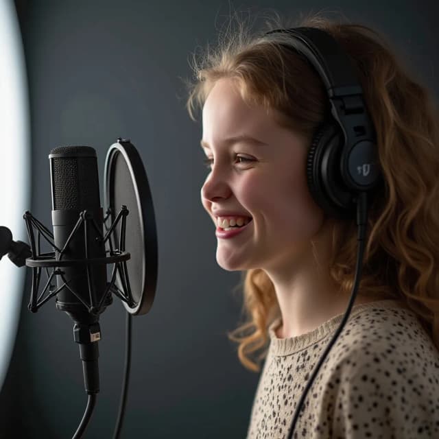 A Young girl that can recorded a Podcast in studio like speaking on mic and also there background dark gray but having some different key light in there studio (give me its  side pose)