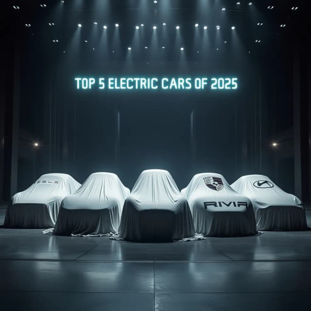 A grand, dimly lit hall with an air of suspense, where five futuristic electric cars stand side by side, each fully covered with a sleek, flowing cloth. Each cloth bears the bold and distinct logo of its respective car manufacturer—Tesla, Lucid, Porsche, Rivian, and Hyundai—hinting at the powerful machines underneath. Dramatic lighting casts deep shadows and highlights the contours of the hidden vehicles, building anticipation. Above the scene, glowing in a futuristic font, is the text 'TOP 5 ELECTRIC CARS OF 2025,' adding to the excitement and mystery. The polished floor subtly reflects the covered cars, enhancing the premium and high-tech atmosphere."
