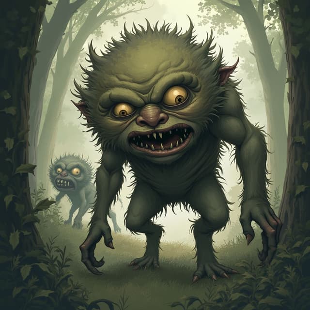 The image is a digital illustration of a creature in a forest. The creature appears to be a troll or a monster, with a large, round head and sharp teeth. Its eyes are wide open and its mouth is slightly open, revealing sharp teeth and sharp fangs. Its body is covered in fur and its arms and legs are stretched out in front of it. In the background, there are trees and foliage, and another creature can be seen in the distance. The overall mood of the image is eerie and menacing.