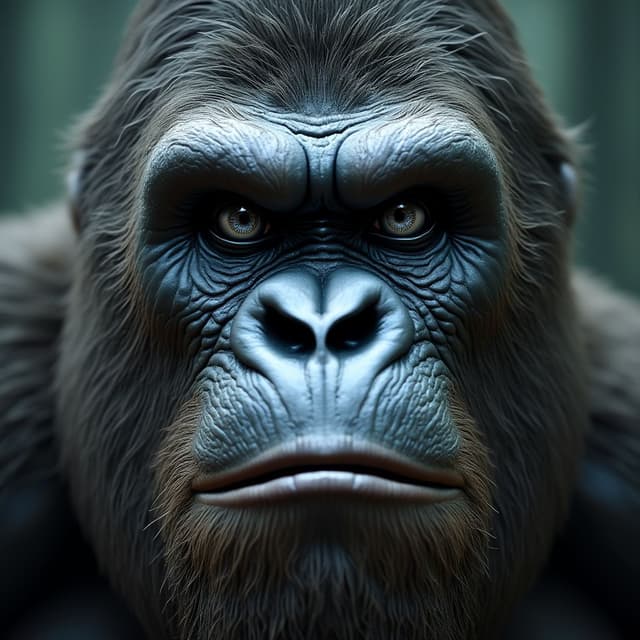 Close up picture of a Bigfoot face with silver eyes.