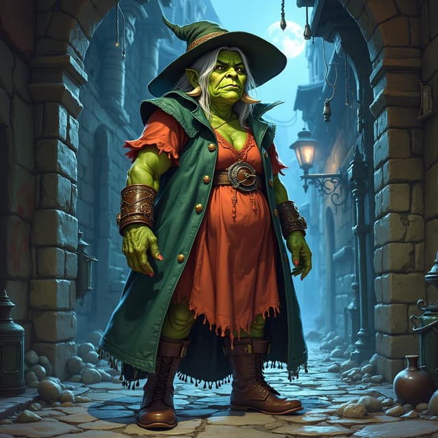 A detailed Dungeons and Dragons fantasy full body illustration. A female orc, green skin, she is old. She looks concentrated but approachable, she is tall and round, tusks on each side of her mouth. She wears a warm colorful wizards dress and hat. She is a detective who is solving a magical murder with her powers. Standing in a dark scary cobblestone alley with a spilled potion on the ground and magic glowing runes scribed on the wall.