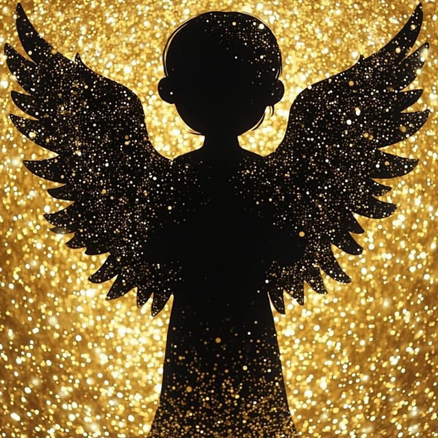 illustration of a black angel with golden glitter effects
