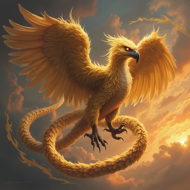 A mythical hybrid of an eagle and a serpent, called the 'Skyfang.' This creature has the body of a snake, covered in golden feathers that shimmer like sunlight, with massive eagle wings extending from its sides. Its head is an intricate blend of a serpent's sharp fangs and an eagle’s fierce beak, with glowing amber eyes that pierce through the skies. The Skyfang coils in mid-air, its powerful wings stirring up a whirlwind. The background is a fiery sunset with storm clouds swirling, symbolizing the union of air and earth into a strange and majestic being.