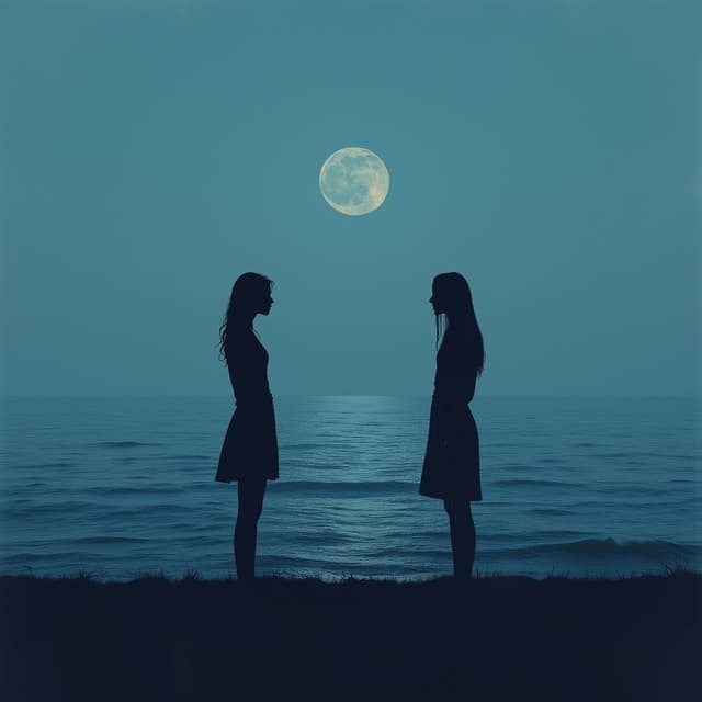 Create a surreal, minimalist scene featuring two silhouette figures facing each other against a serene, vast ocean under a twilight blue sky. A faint, glowing moon hovers above, adding a sense of mystique and introspection. The composition should convey themes of duality, contrast, and unity.”