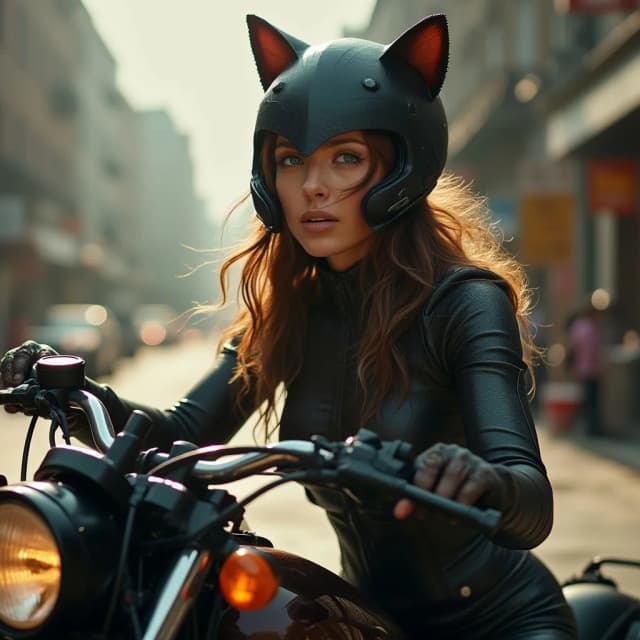 realistic Ana de armas wearing the cat costume that Anne hathaway used in Batman the dark Knight rises, riding ghost Rider chooper and looking at me