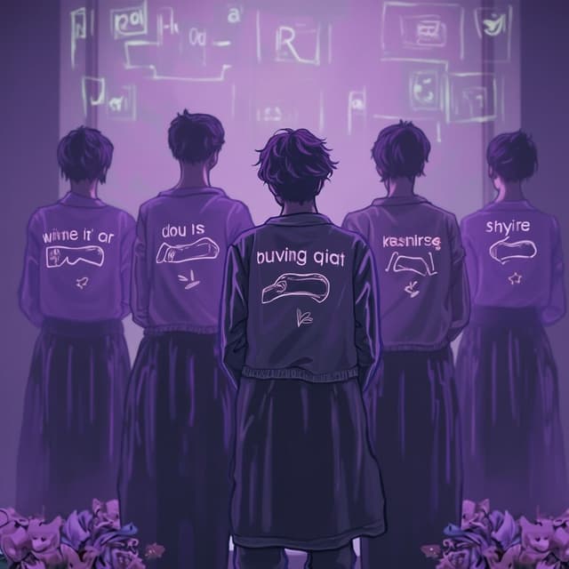 Purple ocean kings bts
Giving their back to the screen. Purple pic, authestic purple, purple ocean kings written on it 
Wild flower band written on it
