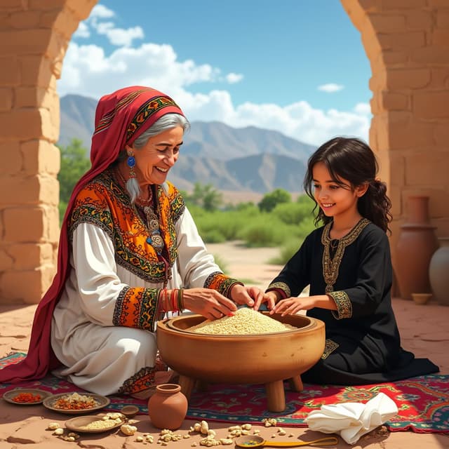 Design an ultra realistic vector art of a slightly smiling traditional Amazigh grandmother and her ten years old smiling granddaughter sitting on the ground, making couscous together. The grandmother, wearing white Amazigh clothing with orange and green and blue big and small details and many traditional Amazigh jewelry on her wrists and with grey hair and a red and black striped cover on her head with black threads on the limits of it, is actively preparing couscous with her hands in a single very big flat and ancient simplified flat wooden container with amazigh details all around the container on a round brown traditional wooden table with four short legs and a white big napkin on it falling from the sides of the table and a big amazigh traditional colorful rectangular carpet. Beside her, very close to her, her dark brown hair granddaughter dressed in a traditional amazigh black clothes with intricate golden details and light Amazigh jewelry on her face and her hand is holding a traditional mudd jar of water with traditional amazigh details all around the jar, is helping in a playful yet respectful manner. The couscous in the container is depicted in vivid detail, highlighting its texture and richness, but with minimal additional elements around it.
The background features a warm interior traditional amazigh house. Incorporate subtle Amazigh cultural elements, such as traditional amazigh carpets and big and small pottery, within the scene, instead of a wall in the background, show a green grass landscape with mountains and a bit of snow on the mounts with a blue shinny sky and some clouds. The color palette should include vibrant red, yellow, and blue tones and details, complementing bright earthy tones.
The background features a warm interior traditional amazigh house. Incorporate subtle Amazigh cultural elements, such as traditional amazigh carpets and big and small pottery, within the scene, instead of a wall in the background, show a green grass landscape with mountains and a bit of snow on the mounts with a blue shinny sky and some clouds. The color palette should include vibrant red, yellow, and blue tones and details, complementing bright earthy tones to create a balanced and inviting composition with sunshine. The design should focus equally on the figures, the table, and the food, conveying a mood of warmth, tradition, and familial joy, blending playful and joyful interactions between the grandmother and granddaughter.