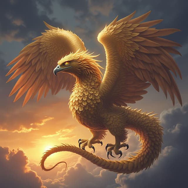 A mythical hybrid of an eagle and a serpent, called the 'Skyfang.' This creature has the body of a snake, covered in golden feathers that shimmer like sunlight, with massive eagle wings extending from its sides. Its head is an intricate blend of a serpent's sharp fangs and an eagle’s fierce beak, with glowing amber eyes that pierce through the skies. The Skyfang coils in mid-air, its powerful wings stirring up a whirlwind. The background is a fiery sunset with storm clouds swirling, symbolizing the union of air and earth into a strange and majestic being.
