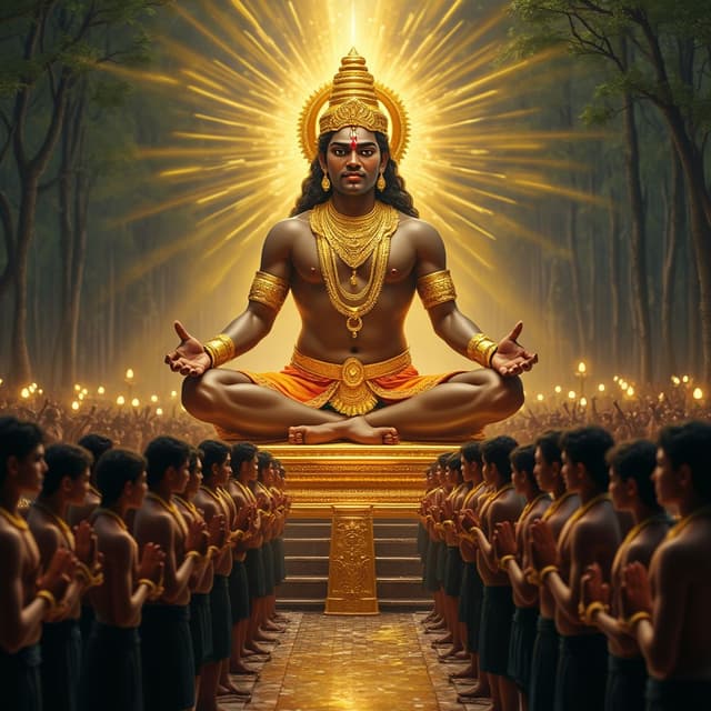 "A divine depiction of Lord Ayyappan seated on a golden pedestal, his serene face glowing with divinity as he blesses a gathering of devotees. The devotees, dressed in traditional black dhotis, are assembled in a large group with folded hands, their expressions filled with devotion and reverence. The background features a sacred temple ambiance with glowing lamps and a dense forest, symbolizing spirituality and peace. Golden light emanates from Ayyappan, touching each devotee, signifying his blessings."