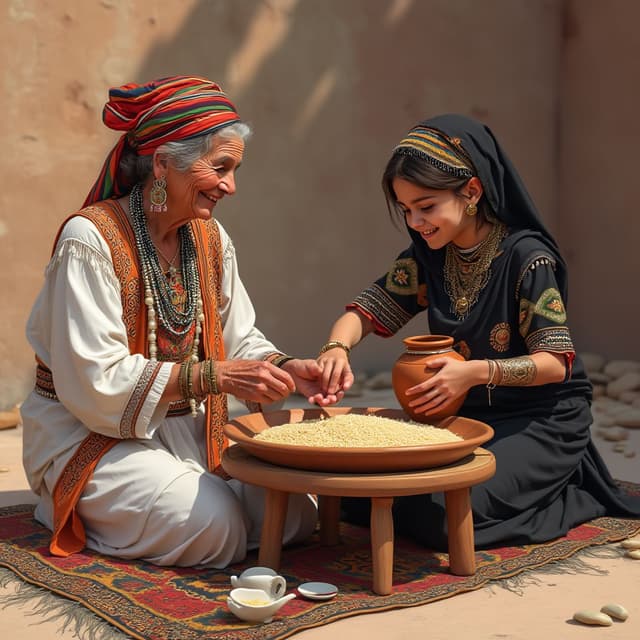 Design an ultra realistic vector art illustration of a slightly smiling traditional Amazigh grandmother and her ten years old smiling granddaughter sitting on the ground, making couscous together. The grandmother, wearing white Amazigh clothing with red and orange and green and blue details and many traditional Amazigh jewelry on her face and hands and neck and on her forehead and with not covered grey hair, is actively preparing couscous with her hands in a single very big flat and ancient simplified flat wooden container with amazigh details all around the container on a round brown traditional wooden table with four short legs and a white big napkin on it falling from the sides of the table and a big amazigh traditional colorful rectangular carpet. Beside her, very close to her, her dark brown hair granddaughter dressed in a traditional amazigh black clothes with just golden details and light Amazigh jewelry on her face and her hand is holding a traditional mudd jar of water with traditional amazigh details all around the jar, is helping in a playful yet respectful manner. The couscous in the container is depicted in vivid detail, highlighting its texture and richness, but with minimal additional elements around it.
Design an ultra realistic vector art illustration of a slightly smiling traditional Amazigh grandmother and her ten years old smiling granddaughter sitting on the ground, making couscous together. The grandmother, wearing white Amazigh clothing with orange and green and blue big and small details and many traditional Amazigh jewelry on her wrists and with grey hair and a red and black striped cover on her head with black threads on the limits of it, is actively preparing couscous with her hands in a single very big flat and ancient simplified flat wooden container with amazigh details all around the container on a round brown traditional wooden table with four short legs and a white big napkin on it falling from the sides of the table and a big amazigh traditional colorful rectangular carpet. Beside her, very close to her, her dark brown hair granddaughter dressed in a traditional amazigh black clothes with intricate golden details and light Amazigh jewelry on her face and her hand is holding a traditional mudd jar of water with traditional amazigh details all around the jar, is helping in a playful yet respectful manner. The couscous in the container is depicted in vivid detail, highlighting its texture and richness, but with minimal additional elements around it.
Design an ultra realistic vector art illustration of a slightly smiling traditional Amazigh grandmother and her ten years old smiling granddaughter sitting on the ground, making couscous together. The grandmother, wearing white Amazigh clothing with orange and green and blue big and small details and many traditional Amazigh jewelry on her wrists and with grey hair and a red and black striped cover on her head with black threads on the limits of it, is actively preparing couscous with her hands in a single very big flat and ancient simplified flat wooden container with amazigh details all around the container on a round brown traditional wooden table with four short legs and a white big napkin on it falling from the sides of the table and a big amazigh traditional colorful rectangular carpet. Beside her, very close to her, her dark brown hair granddaughter dressed in a traditional amazigh black clothes with intricate golden details and light Amazigh jewelry on her face and her hand is holding a traditional mudd jar of water with traditional amazigh details all around the jar, is helping in a playful yet respectful manner. The couscous in the container is depicted in vivid detail, highlighting its texture and richness, but with minimal additional elements around it.
The background features a warm interior traditional amazigh house. Incorporate subtle Amazigh cultural elements, such as traditional amazigh carpets and big and small pottery, within the scene, instead of a wall in the background, show a green grass landscape with mountains and a bit of snow on the mounts with a blue shinny sky and some clouds. The color palette should include vibrant red, yellow, and blue tones and details, complementing bright earthy tones to create a balanced and inviting composition with sunshine. The design should focus equally on the figures, the table, and the food, conveying a mood of warmth, tradition, and familial joy, blending playful and joyful interactions between the grandmother and granddaughter.