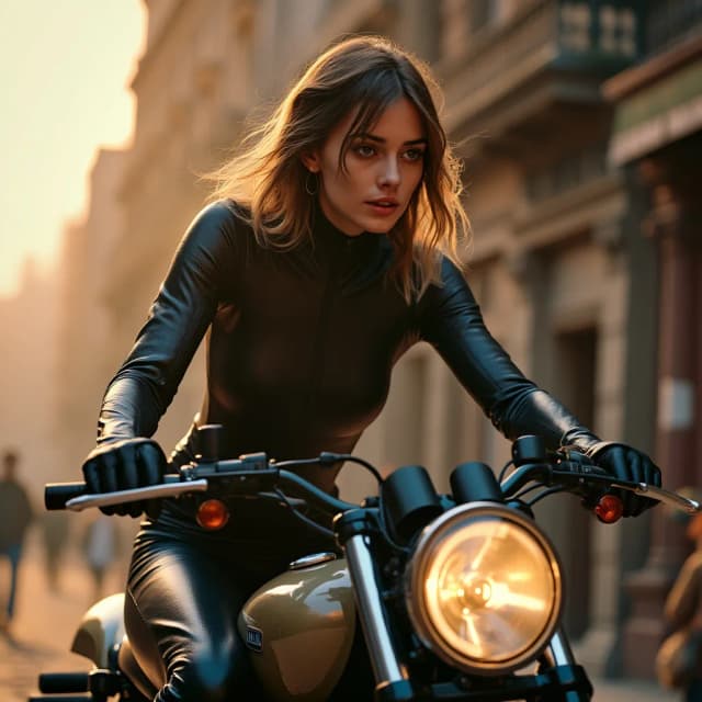 realistic Ana de armas wearing the cat costume that Anne hathaway used in Batman the dark Knight rises, riding ghost Rider bike and looking at me