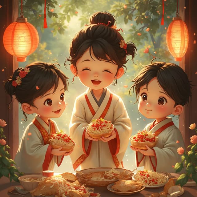 一只兔子在拿筷子吃粉的艺术插图
