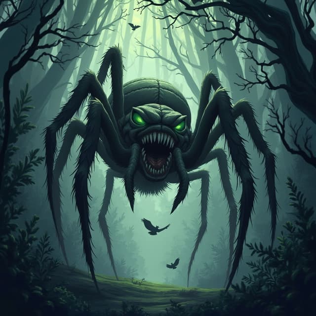 The image is a digital illustration of a large spider in a dark forest. The spider is in the center of the image, with its body facing towards the right side of the frame. It has a large head with sharp teeth and green eyes, and its legs are stretched out in front of it. The background is filled with tall trees with twisted branches and leaves, and there are a few birds flying around the spider. The overall mood of the illustration is eerie and mysterious.