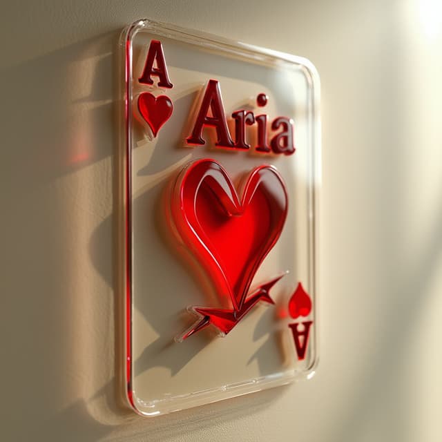 A close-up of a decorative, acrylic playing card. The card appears to be suspended, or mounted on a wall, with light reflecting off its surface. The card depicts a stylized Ace of Hearts, and the word "Aria" is printed above the heart suit in a bold, sans-serif font. Both the text and the symbol are rendered in a vibrant, crimson red against a clear, translucent white acrylic background. The card's edges and surface have a slightly curved, almost 3D effect, giving it a sense of depth. The background wall is a neutral, light beige/cream color. The overall impression is decorative and artistic, almost like a piece of modern, abstract art. High contrast, slightly impressionistic, with soft light reflecting off the acrylic. Focus on the card's form and textures, including the subtle curves and light reflections.