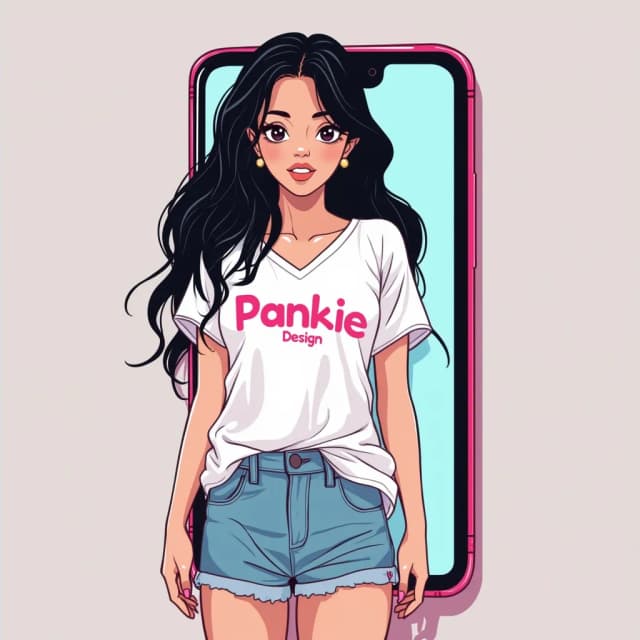 Create a minimalistic, vector-style logo featuring a stylized illustration of a woman with long, wavy black hair. She wears a white short-sleeved V-neck t-shirt emblazoned with bold pink letters 'PankieDesign' and denim shorts. The design shows her in a simplified, iconic form, positioned in front of an oversized smartphone screen that symbolizes digital creativity. The overall composition is clean and modern, with flat design elements and clear, bold lines, making it ideal for a fan page cover logo. The background should be simple or transparent to ensure the logo stands out, anime realistic, Bright and cute colors