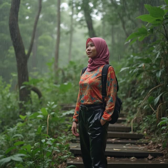 style recording yourself fropesional experienced in his stunning action by youtuber, a youtuber explore is exploring the remote village, beautiful atmosphere in the forest, there are villagers, a youtuber young adult malay ETNICITY white shiny milk skins almost pale, physically attractive in jumbo size, ideal fat plump, busty, great protruding power, full of lust, wearing pro muslim hijab in OOTD, wearing shiny black plastic pants in the upper body area clothing style is more colorful in the style of alternating colored fabrics, muslim hijab in rainfall recording her journey by exploring recording herself talking to the audience youtube viewers , taking pictures of Muslim hijab from various positions and movements