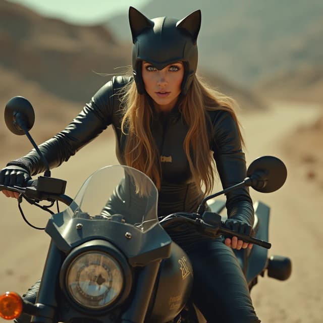 realistic Ana de armas wearing the cat costume that Anne hathaway used in Batman the dark Knight rises, riding ghost Rider chooper and looking at me