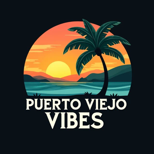 Create a modern and vibrant tropical logo that captures the essence of "Puerto Viejo Vibes" brand.
The design features a sunset over the ocean, with warm gradients of orange and yellow blending into the sky.
In the foreground, a silhouette of a gently curving palm tree frames the scene, adding depth.
Cool blues and teals form the ocean waves, while distant hills are shaded with lush, deep greens.
The typography should be clean, complementing the smooth curves of the landscape and natural elements. Use a black background to provide contrast and make the bright, tropical colors pop, evoking a lively beach atmosphere with an artistic touch.
The logotype words are: 'Puerto Viejo Vibes' in one single line, without any other text before, after, above or below.