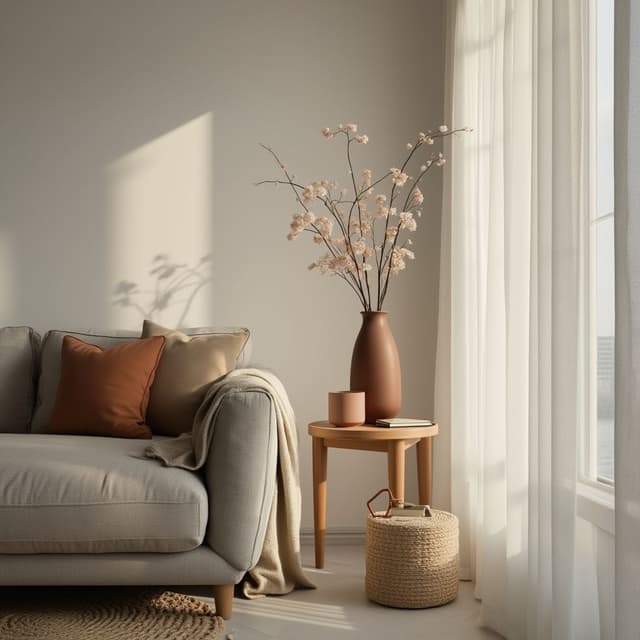 A cozy, modern living room with a minimalist design. small table positioned against a plain white wall, camera angle is top focusing on the vase featuring a stylish ceramic vase with a subtle organic shape.  Ambient lighting bathes the room in a soft,