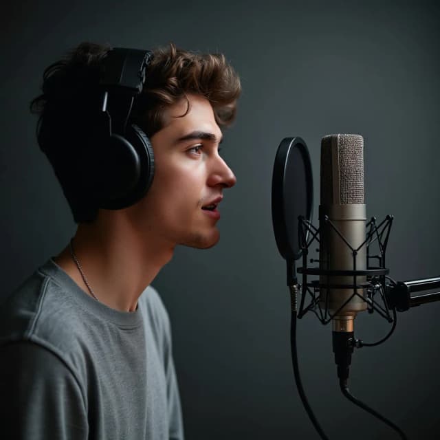 A Young man age 20 that can recorded a Podcast in studio like speaking on mic and also there background dark gray but having some different key light in there studio (give me its side pose)