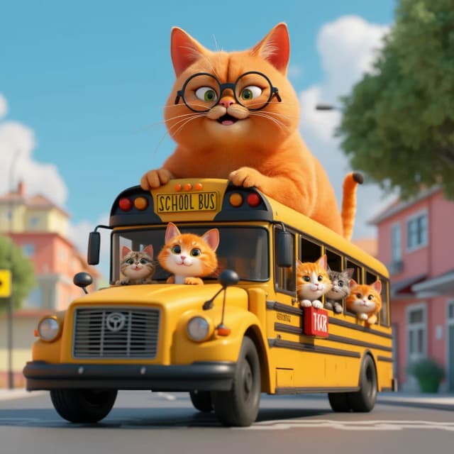 a whimsical 3d animated scene featuring a giant orange cat with round glasses perched on top of a classic yellow school bus. The bus should be filled with cheerful, smiling cats of various colors and expressions, visible through the bus windows. The backdrop should include a bright blue sky and colorful urban buildings in the distance, evoking a playful and lighthearted atmosphere. The giant cat is smiling and should appear friendly, adding a surreal and fun element to the composition.