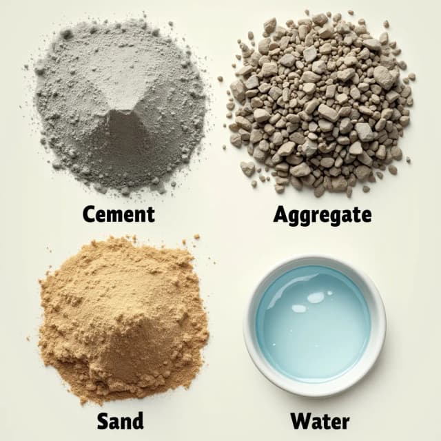 Create a high-quality, detailed illustration showing the four essential components of concrete mixing: Cement, Aggregate, Sand, and Water. Each material should be visually distinct with clear labels beneath them. The cement should be a fine gray powder, the aggregate should appear as a mix of small, rough stones, the sand should have a light brown color and granular texture, and the water should be represented as clear, with a smooth surface and a few droplets rippling. Arrange the components in a grid layout, with each material taking up one quadrant of the image