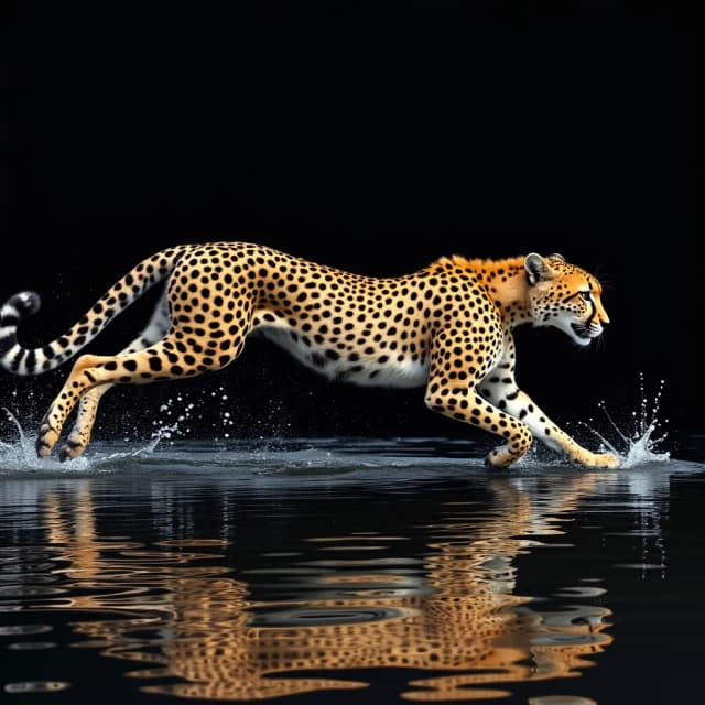 highly detailed photo realistic image of A side view of a cheetah in full sprint, its body stretched out in a powerful running motion, leaving behind a trail of afterimages, capturing the fluidity and speed of its movement. The background is a deep black, emphasizing the cheetah's sleek form. Beneath the cheetah, the ground is rippling water, perfectly reflecting its every movement. Each ripple distorts the reflection slightly, creating a mesmerizing effect as the cheetah's mirrored image races across the shimmering surface, while faint splashes mark the contact of its paws with the water.