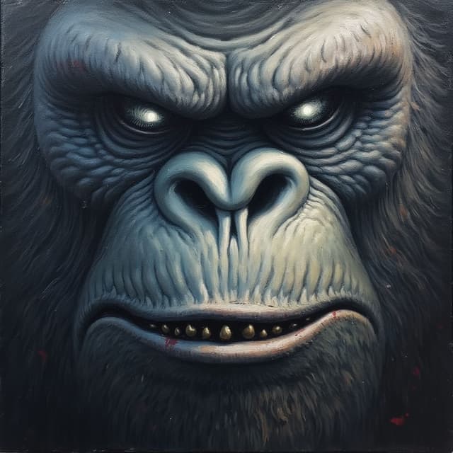 Close up painting of a scary Bigfoot face with silver eyes.