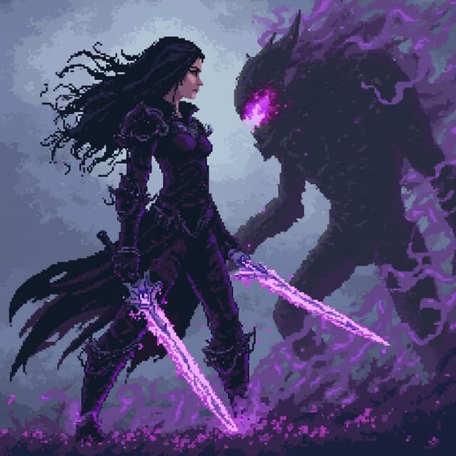"Create a pixel art scene of a dark and atmospheric battle. The formidable female warrior, inspired by the pose and style in the image. She is clad in black, gothic-inspired armor with intricate chain details, holding two glowing purple pixelated swords. Her long, flowing hair moves dynamically as she prepares for action. Gastly, depicted as a shadowy, jagged creature with fiery (red eyes) and swirling purple gas, faces her menacingly. The background features a stormy, cloudy sky with pixel art detailing, adding tension to the scene. Ensure her pose matches the confident stance from the reference image, with the swords raised and ready, and capture the intense, gothic atmosphere in a pixelated aesthetic." Pixel Art, 64 Bit Pixels