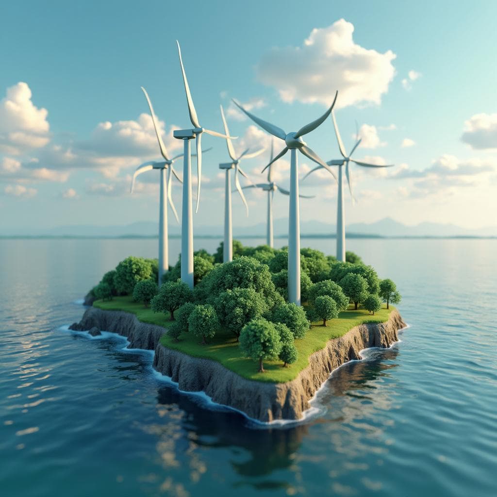 a close up of a small island with wind turbines on it, renewable energy, stylized as a 3d render, stylized 3d render, 3 d render stylized, stylized digital art, beautiful render of a landscape, clean energy, green energy, surreal 3 d render, beautiful composition 3 - d 4 k, 3d digital art 4k