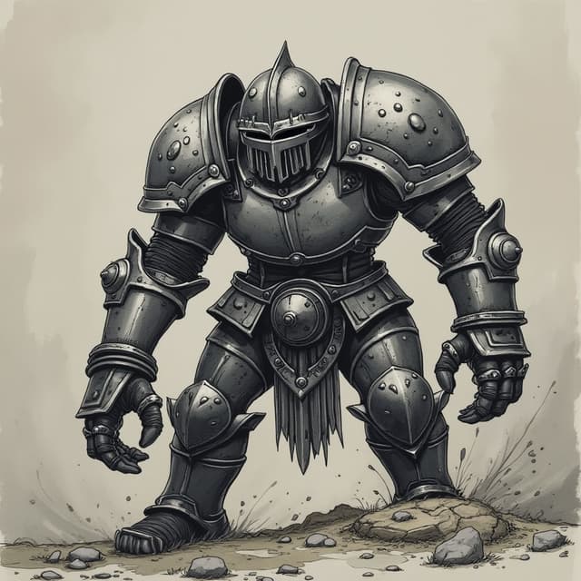 crea a un golem plateado,con cabeza de great helm molesto con brazos largos que llegan al suelo, con una pose dinamica de pelea, estilo de dibujo en tinta