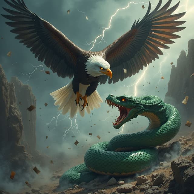 A dramatic confrontation between a mighty eagle and a massive serpent. The eagle, with razor-sharp talons extended and piercing eyes glowing with intensity, is diving from the sky, its powerful wings outstretched wide and feathers shimmering in the stormy light. Below, the serpent is coiled tightly around a crumbling stone pillar, its emerald scales glinting menacingly, fangs bared and ready to strike. The background is a chaotic scene of jagged cliffs, swirling winds, and lightning streaking across a dark, turbulent sky. The atmosphere is tense, with debris flying in the wind, highlighting the fierce clash between air and earth.