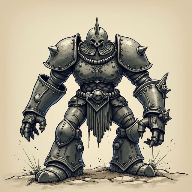 crea a un golem plateado,con cabeza de great helm molesto con brazos largos que llegan al suelo, con una pose dinamica de pelea, estilo de dibujo en tinta, simple