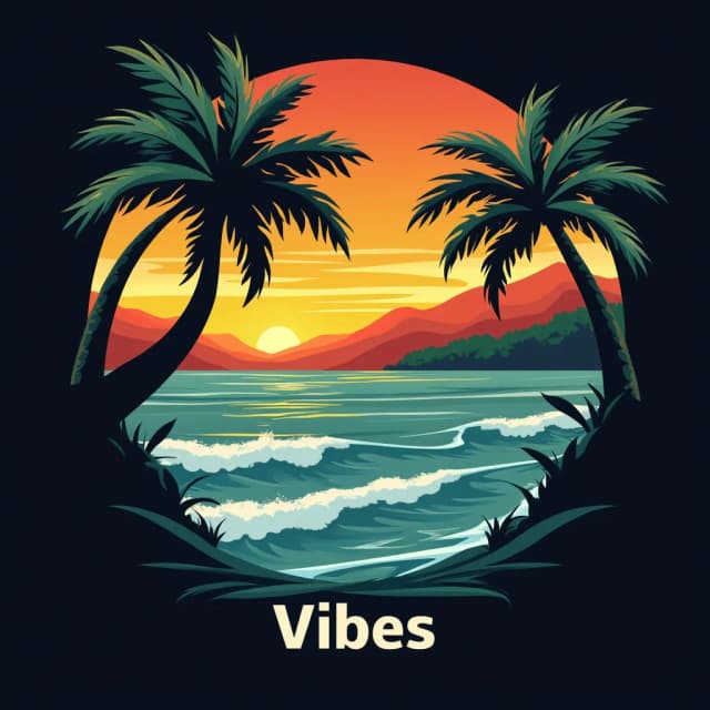 Create a modern and vibrant tropical logo that captures the essence of "Puerto Viejo Vibes" brand.
The design features a sunset over the ocean, with warm gradients of orange and yellow blending into the sky.
In the foreground, a silhouette of a gently curving palm tree frames the scene, adding depth.
Cool blues and teals form the ocean waves, while distant hills are shaded with lush, deep greens.
The typography should be clean, complementing the smooth curves of the landscape and natural elements. Use a black background to provide contrast and make the bright, tropical colors pop, evoking a lively beach atmosphere with an artistic touch.
The logotype words are: 'Puerto Viejo Vibes' in one single line, without any other text before, after, above or below.