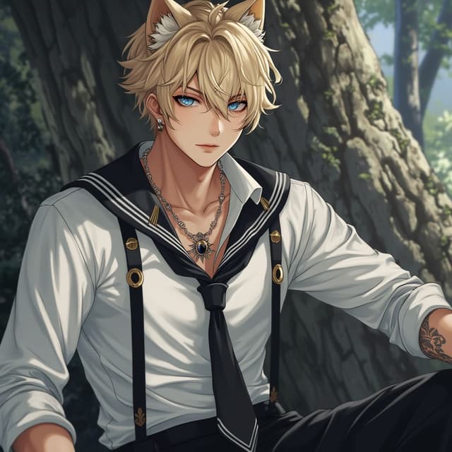 male + wolf-cut blonde hair + slightly masculine + blue siren eyes + human + mocachino skin color + 8k quality + white button up shirt + black tie + black sailor wide pant + pretty and attractive face